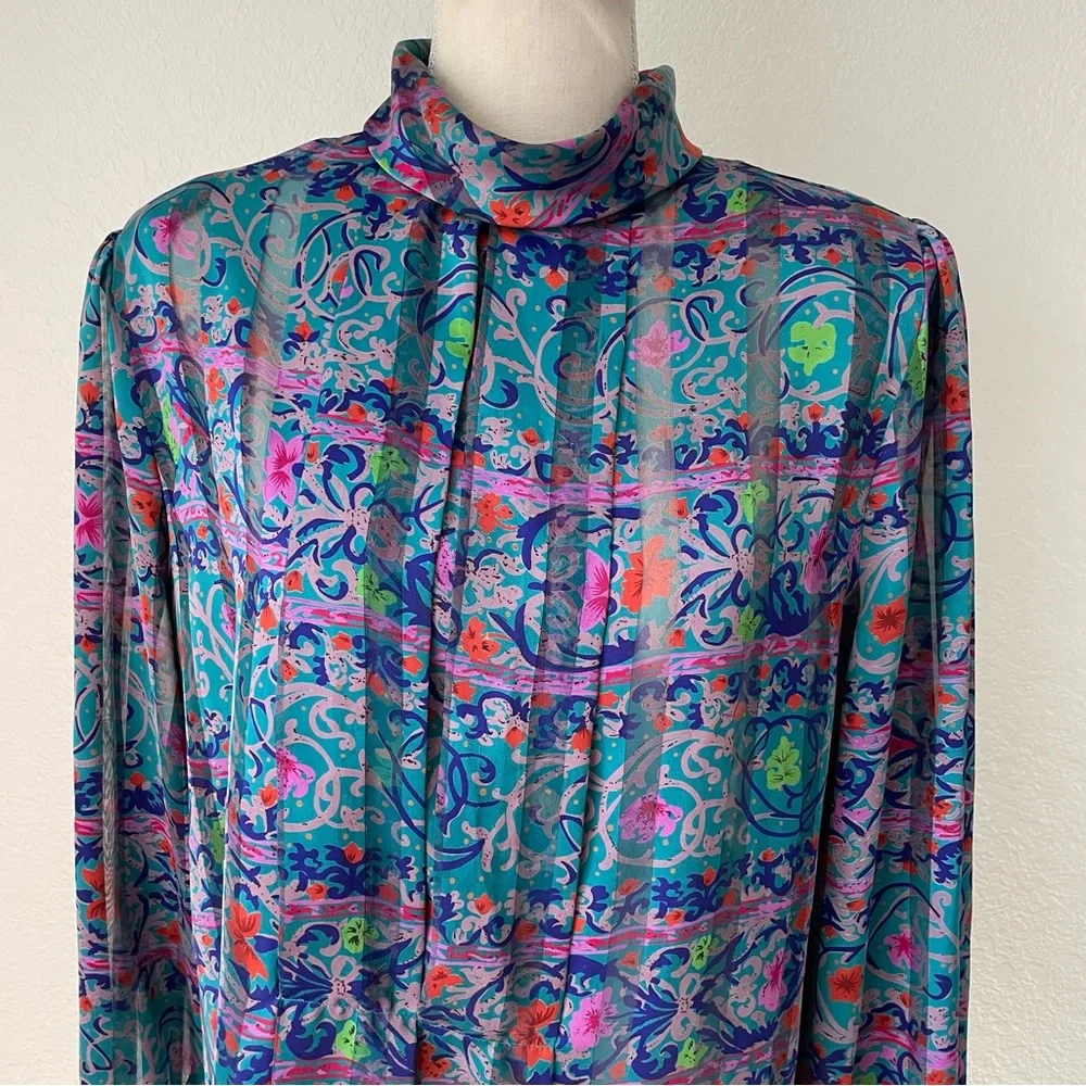 NICOLA AMAZING VINTAGE FLORAL MOCK NECK BUTTON DOWN BALOON SLEEVE BLOUSE TOP - Picture 14 of 16